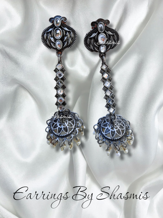 Long Drop Pearl Silver Oxidised Earrings