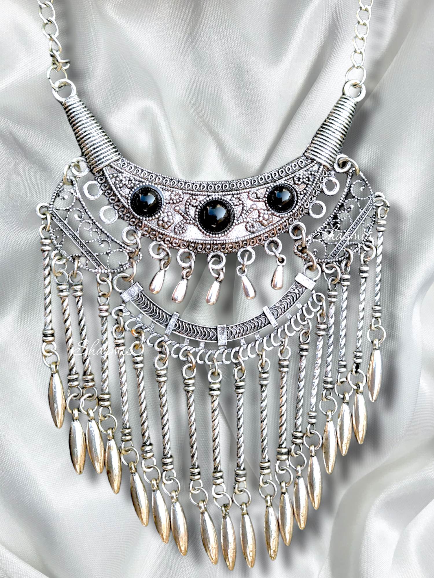 Black Stone Silver Oxidised long Necklace