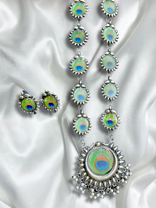 Peacock Long Silver Oxidised Necklace With Earrings