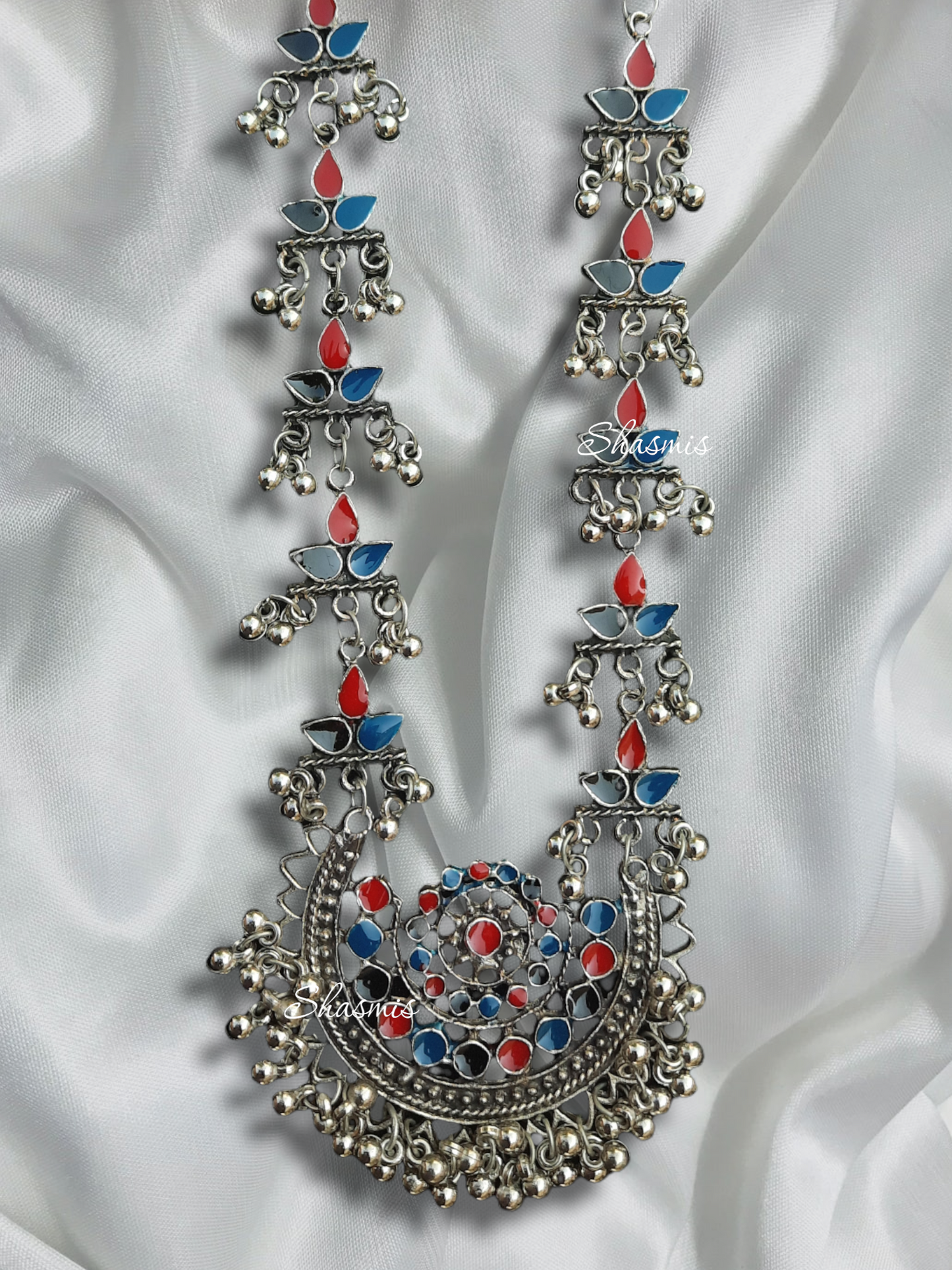 Long Drop Silver Oxidised With Color Necklace