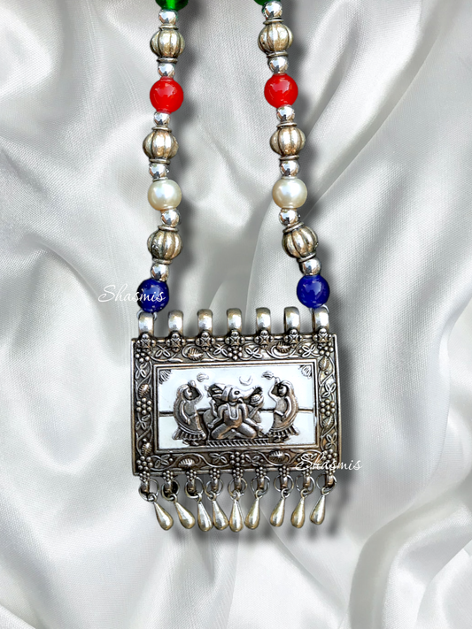 White Square Pendent Idol Design Silver Necklace