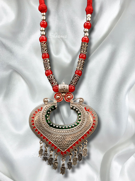 Red Beads With Long Oxidised Necklace 