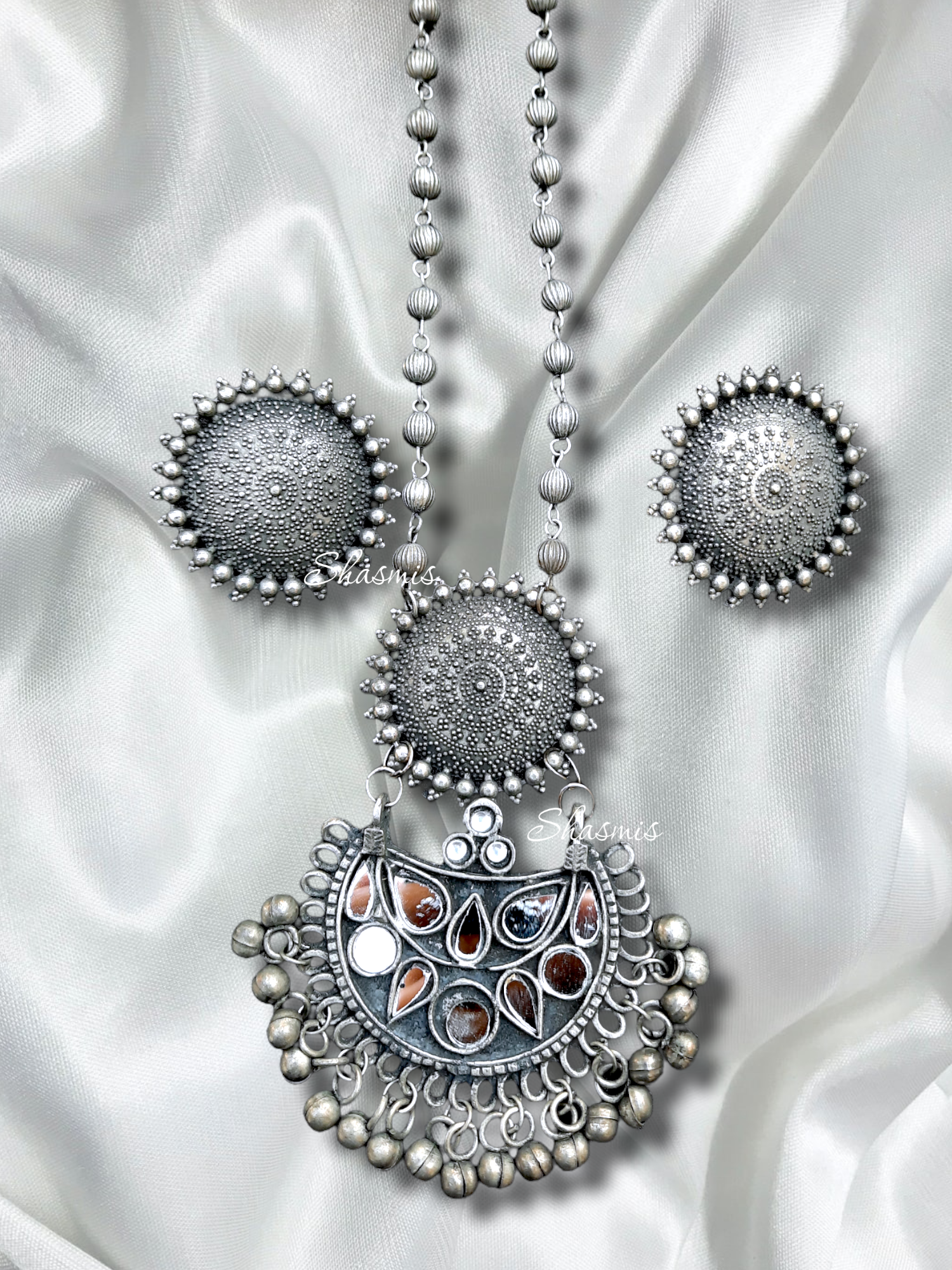 Silver Oxidised Necklace With Earrings