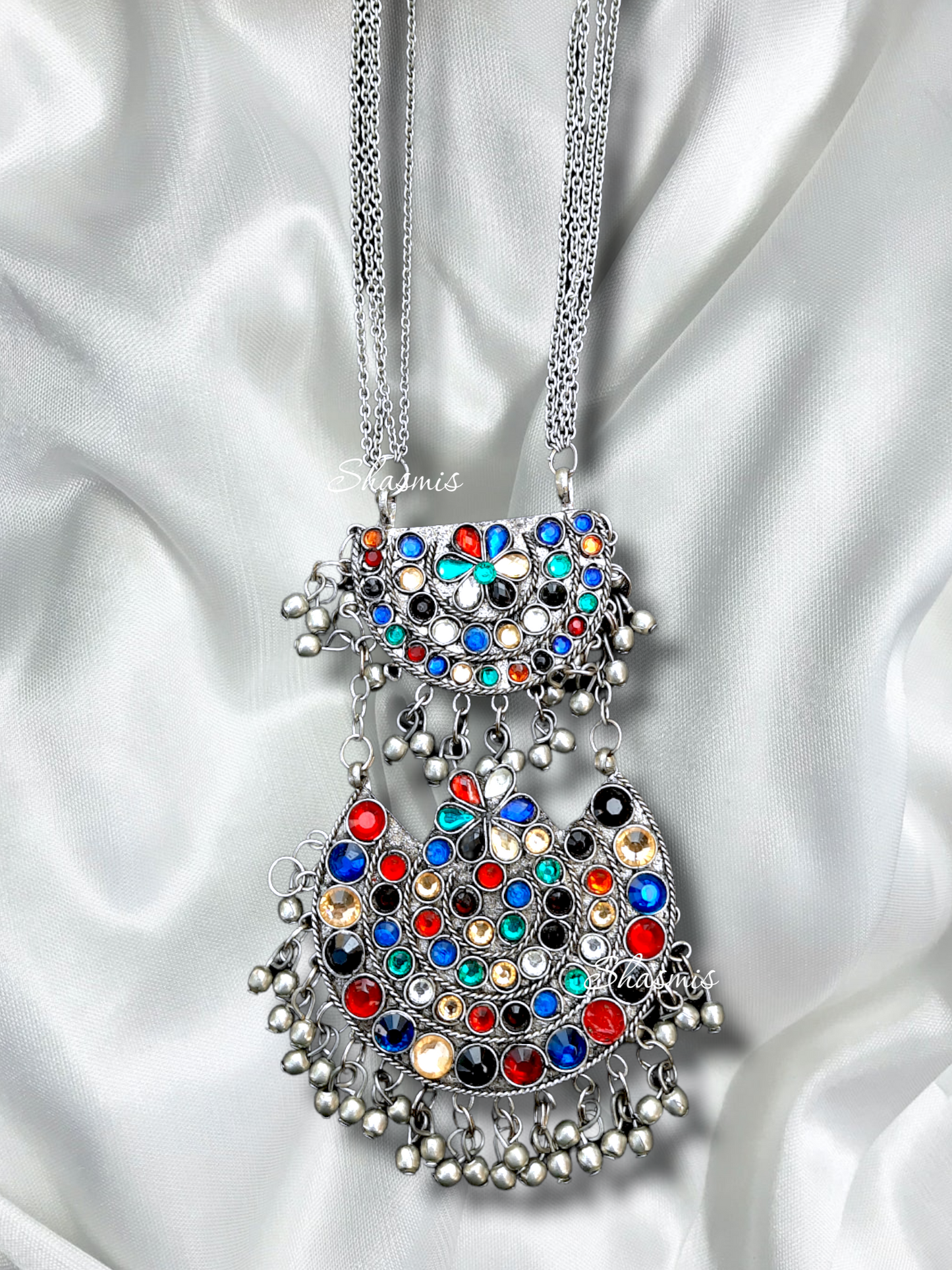 Color Stone Long Afghani Necklace 
