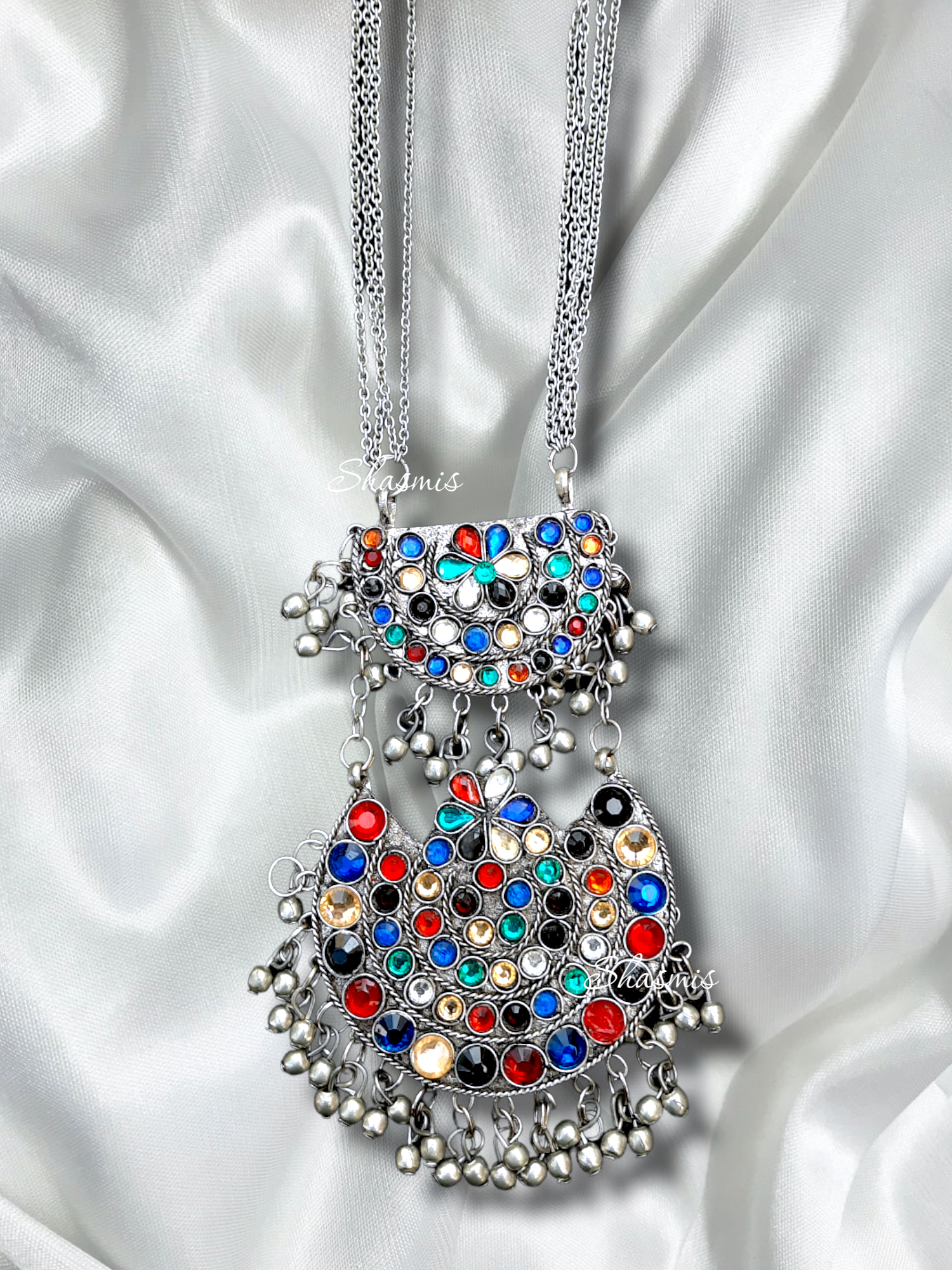 Color Stone Long Afghani Necklace 