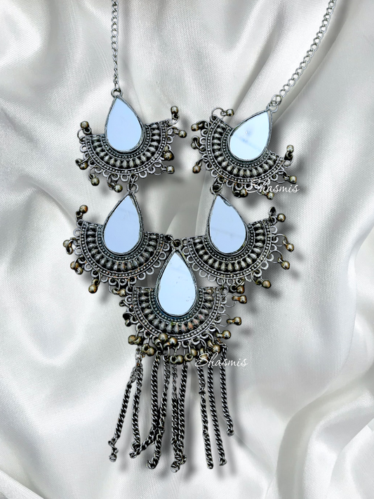 Mirror Long Tear Drop Design Silver Necklace