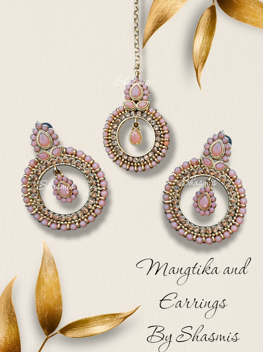 Baby Pink Color Kundan Design Earrings and Mangtika