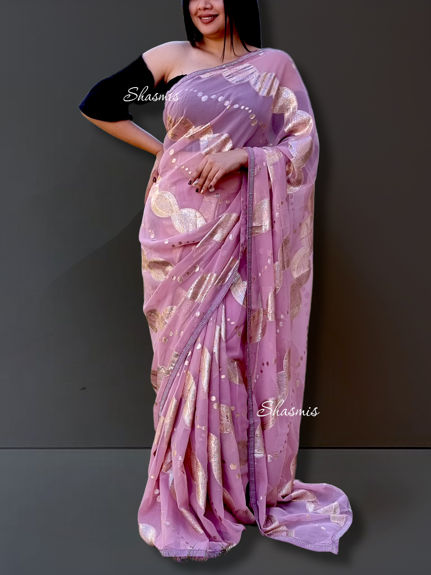 Pionk Color Silk Saree With Golden Work 