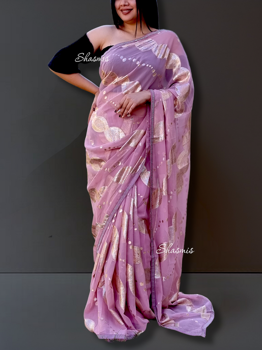 Pionk Color Silk Saree With Golden Work 