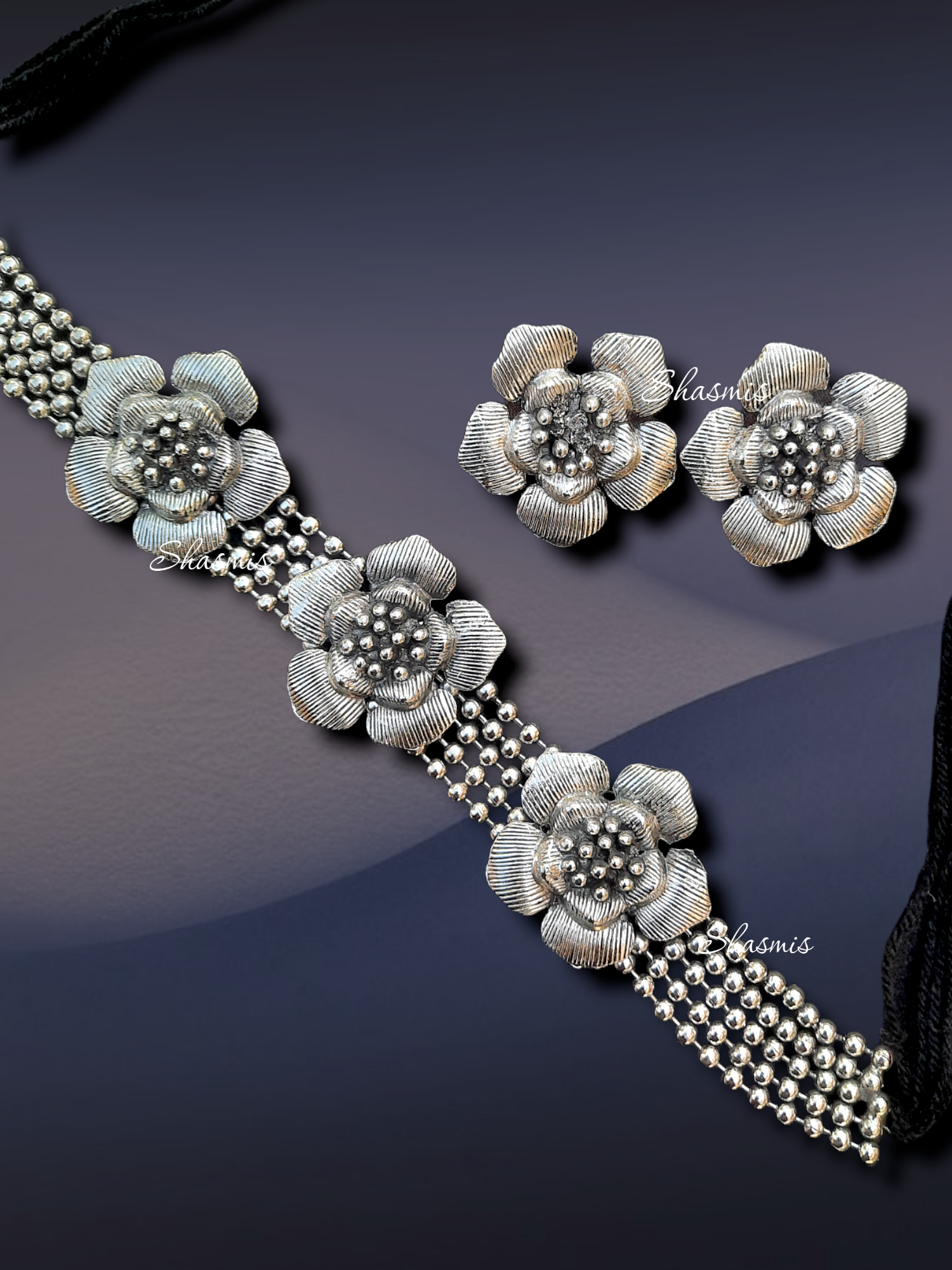 Flower Statement Oxidised Silver Necklace With Earrings