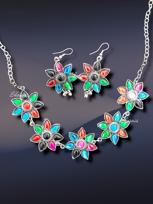 Multicolor Flower Oxidised Necklace With Earrings