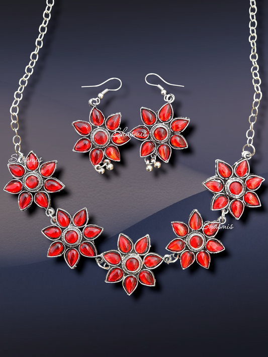 Red Color Flower Design Silver Necklace With Earrings