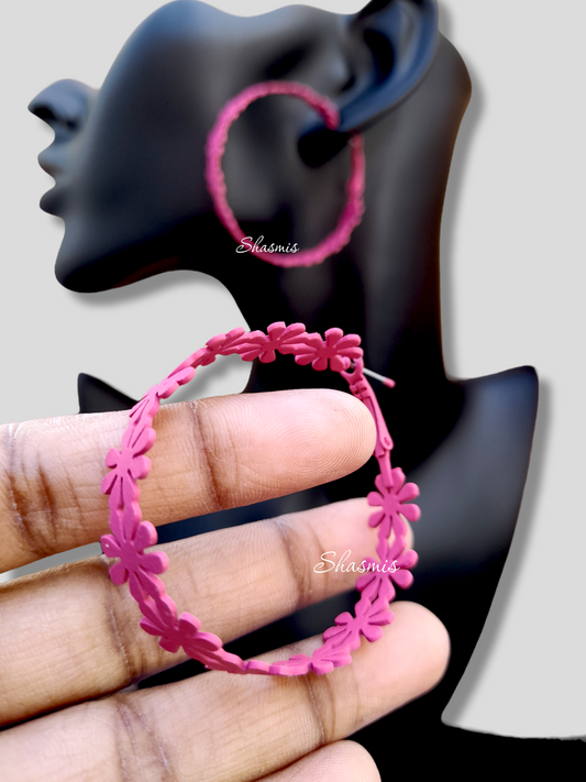 Magenta Pink Color Flower Design Hoop Earrings