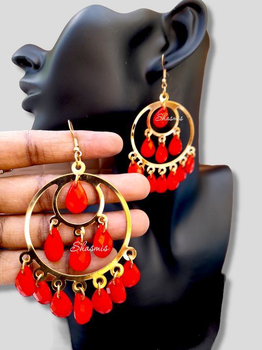 Orange Color Pearls On Drop Golden Wide Earrings