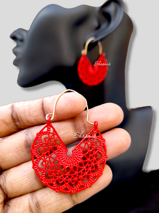 Red Color Net Design Fashion Hoop Earrings