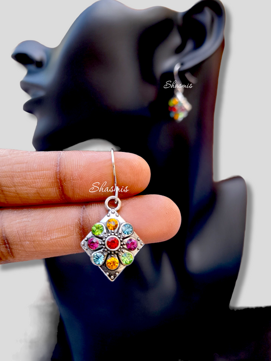 Small Multi color Stone Silver Earrings