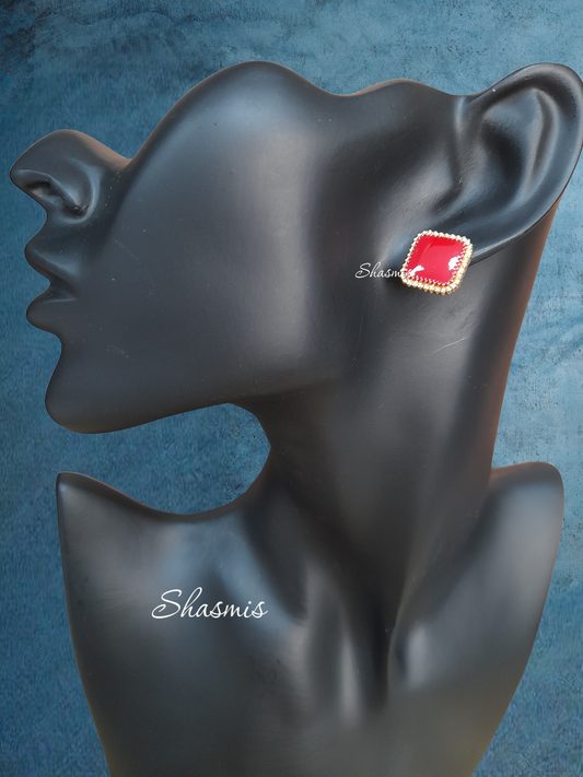 Red Color Square Design Stud Earrings
