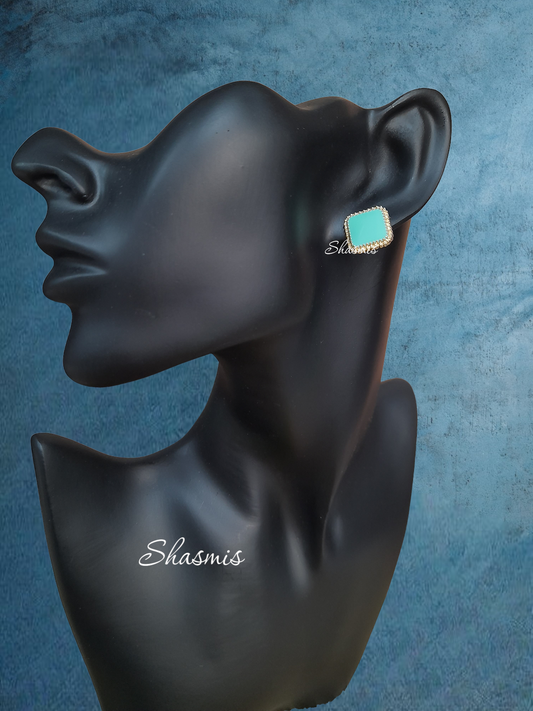 Sea Green Color Square Design Stud Earrings