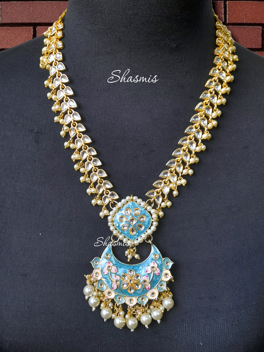 Sky Blue Color Long Kundan Pearl Necklace, With Earring And Mangtika