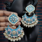 Sky Blue Color Long Kundan Pearl Necklace, With Earring And Mangtika