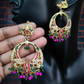 Multi color Stones With Pink Ghungroo On Drop Necklace, Mangtika And Earrings