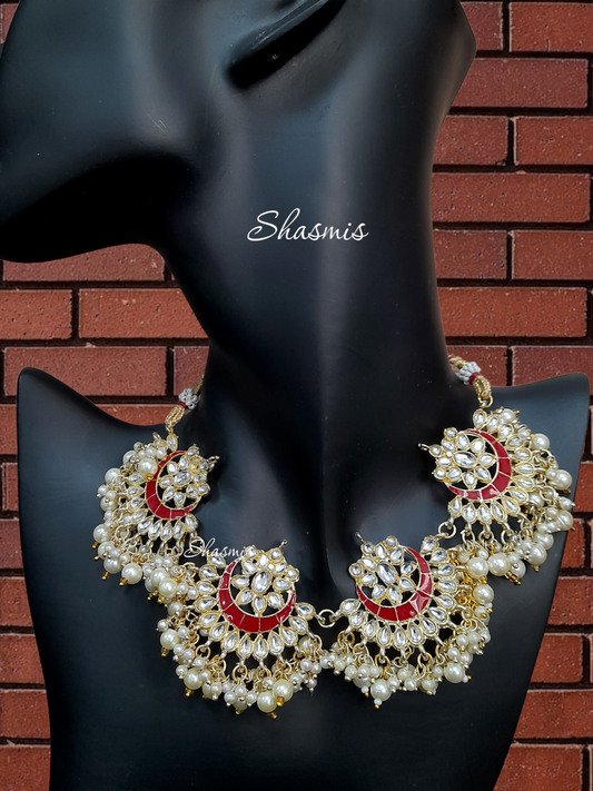 Red and White Color Kundan Pearl Necklace 