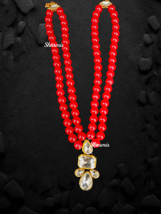 Red Beads Long Diamond Necklace