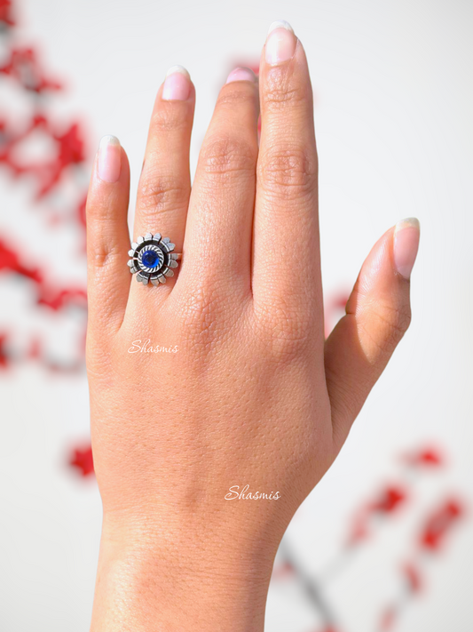 Blue Centre Diamond Silver Oxidise Ring