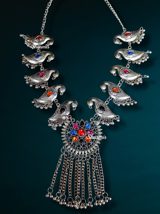 Silver Color Parrot Design Multi Color Stone Oxidised Necklace