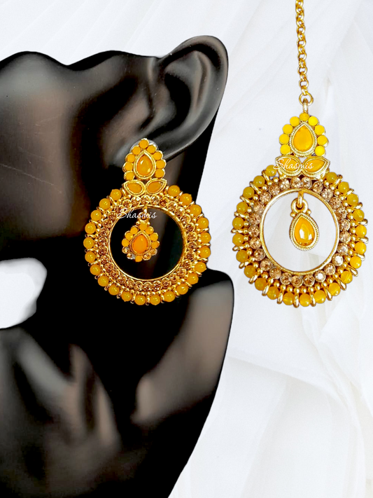 Yellow Color Earrings and Mangtika