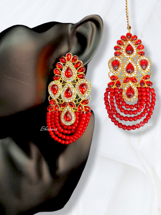 Red Color Earrings and Mangtika Combo