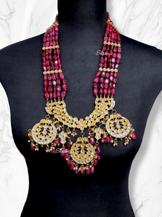 Magenta Color Long Kundan Necklace With Mangtika and Earrings