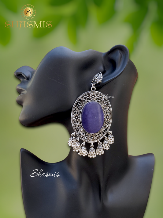 Violet Color Stone Oval Design Oxidised Earrings