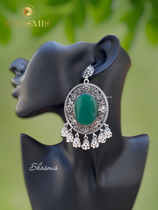 Green oval Design Stone Silver Oxidised Earrings