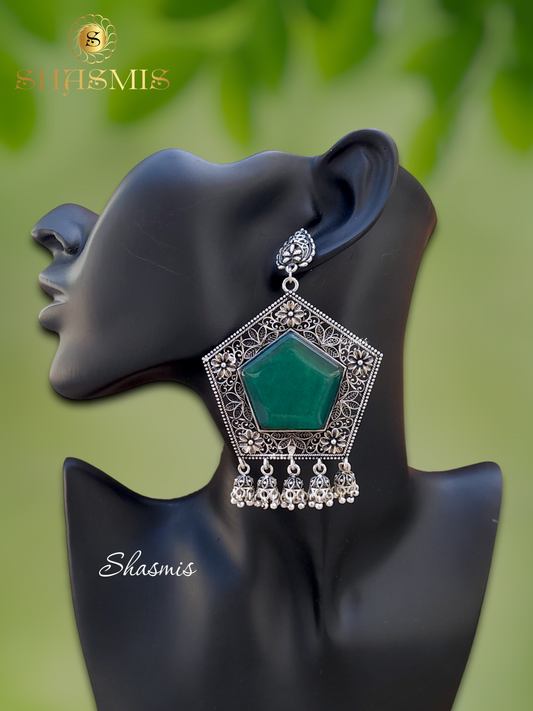 Green Stone Design Oxidised Silver Earrings