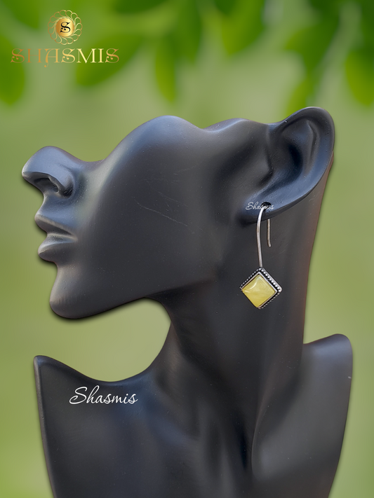 Square Design Yellow Stone Silver Earrings