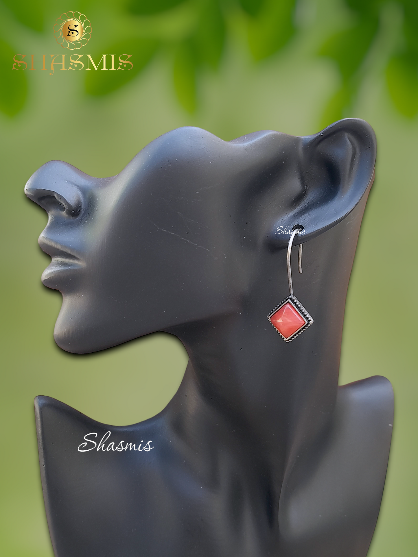 Red Color Stone Square Design Silver Earrings