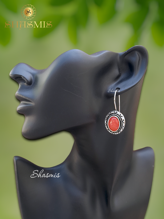 Red Color Oval Stone Silver Earrings