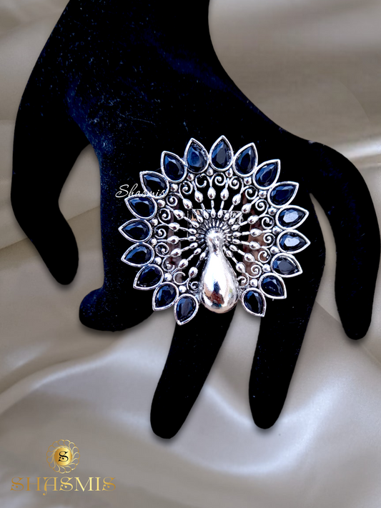 Black Stone Peacock Design Silver Ring