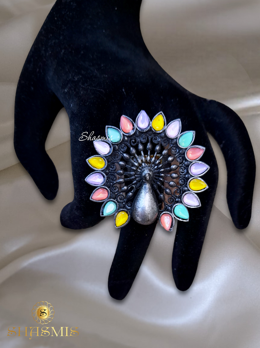 Colourful Peacock Design Black Metal Ring