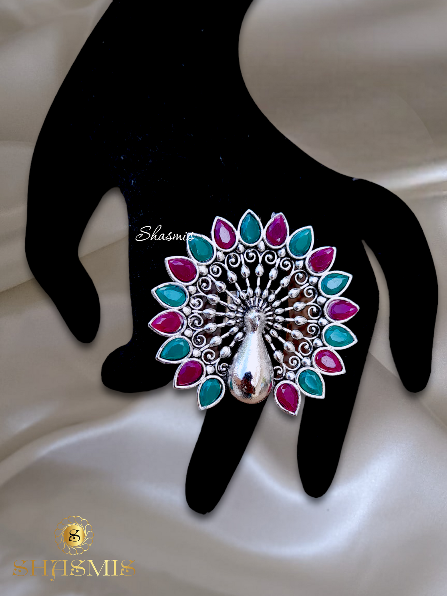 Green and Magenta Stone Peacock Ring