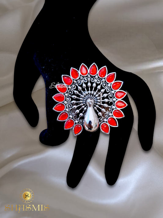 Red Stone Peacock Design Silver Ring