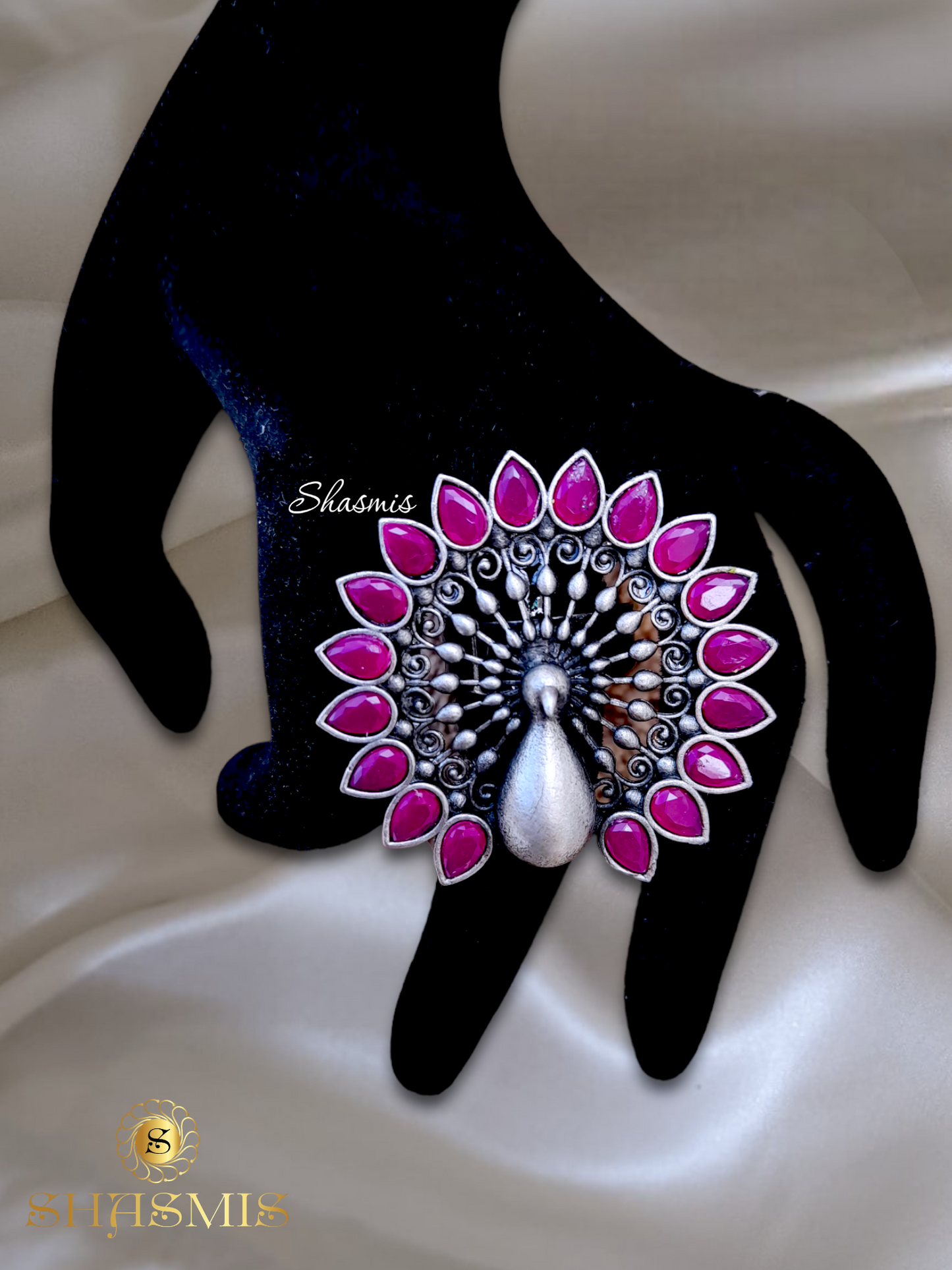 Magenta Stone Silver Peacock Design Ring