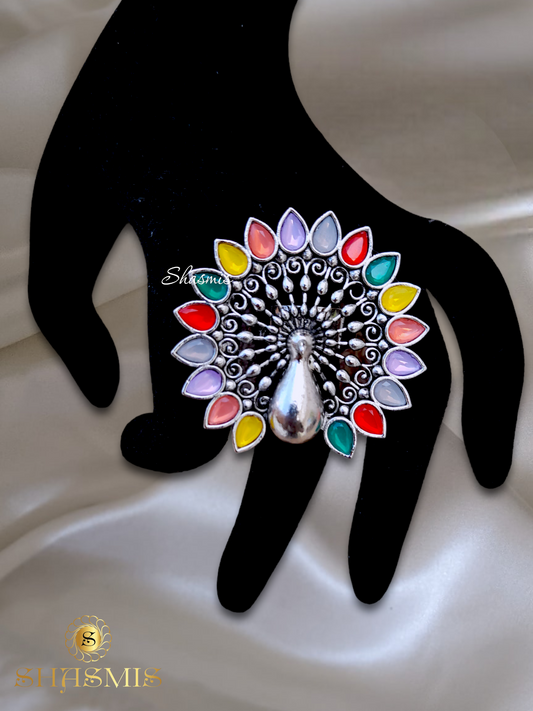 Multi Color Stone Silver Peacock Design Ring