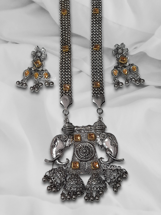 Elephant Design German Silver Long Necklace With Earrings
