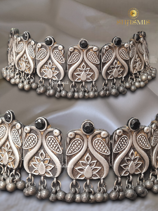 Black Stone German Silver Design Choker With Earrings