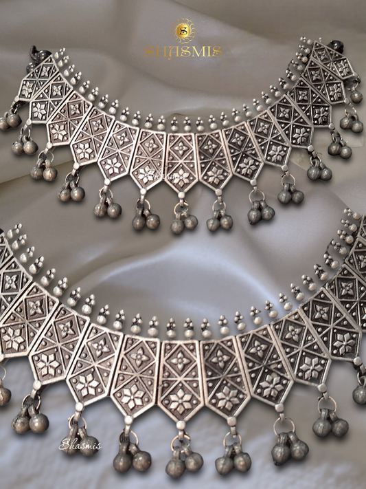 Silver Oxidised Ghungroo On Drop Necklace with Earrings