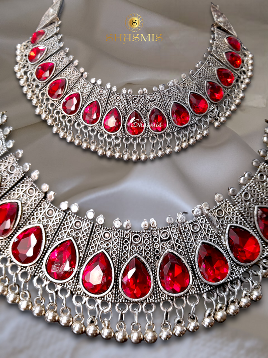 Red Stone Silver Oxidised Choker with Earrings
