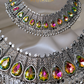 Multi Color Stone German Silver Neck Choker With Ghungroo On Drop with Earrings