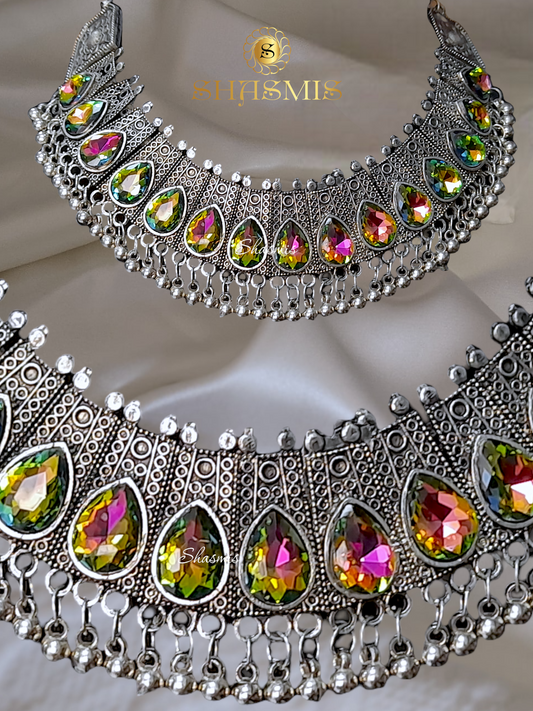 Multi Color Stone German Silver Neck Choker With Ghungroo On Drop with Earrings